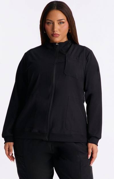 Keeping Warm 4 Way Stretch Front Zipper Pocket Scrub Jacket - Black