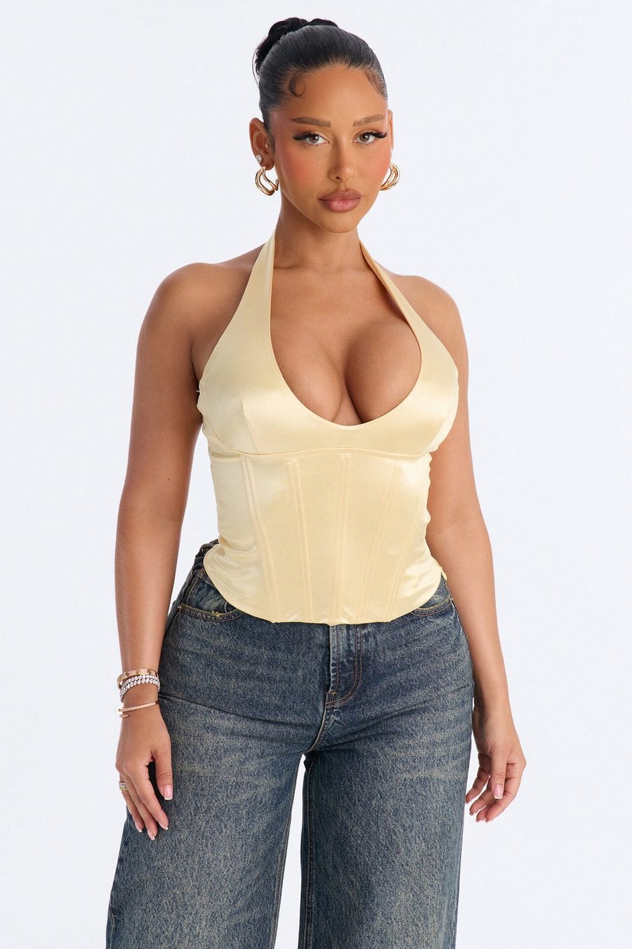 Kylie Satin U Neck Halter Corset Top - Yellow