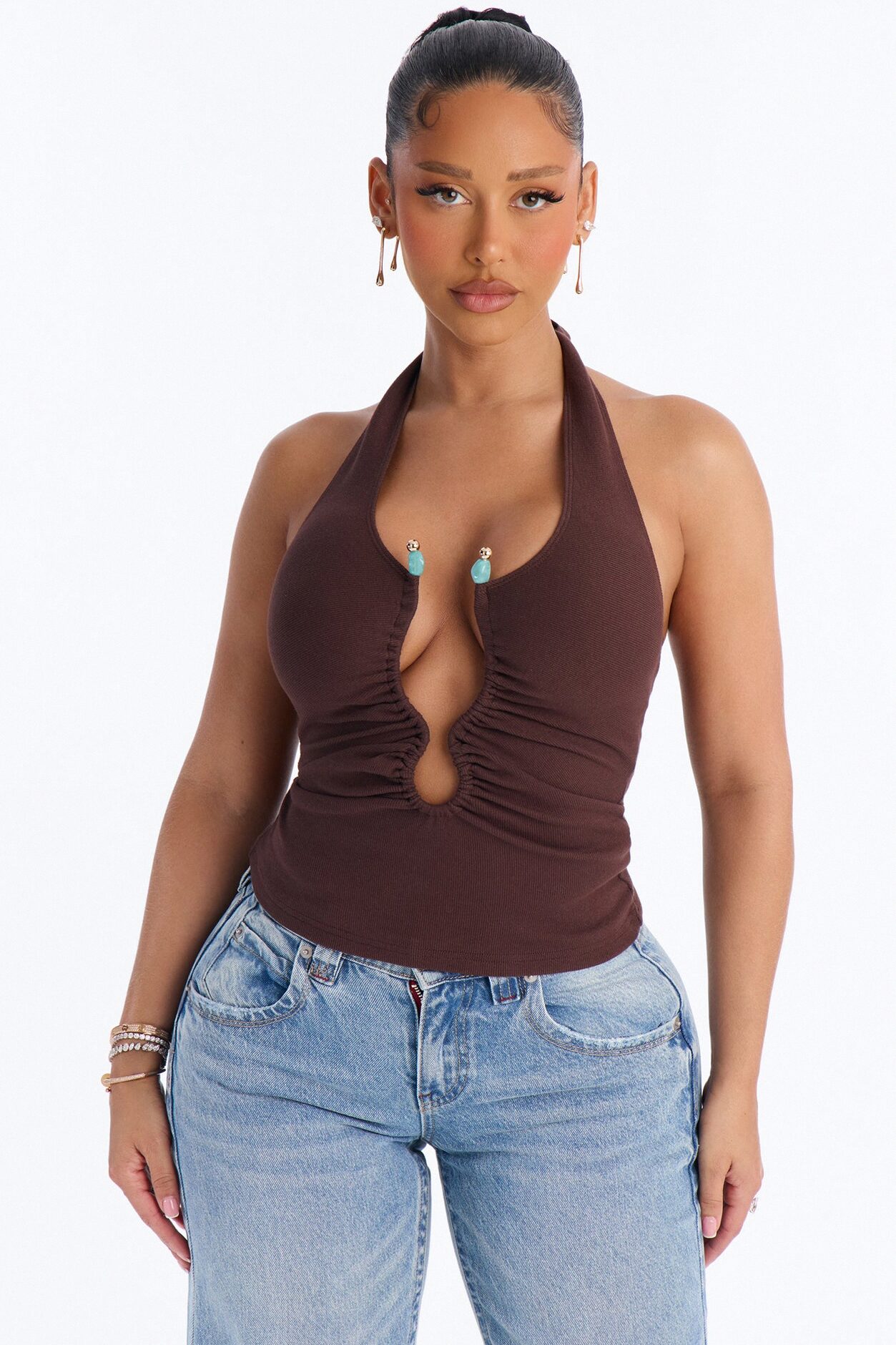 Haley Hardware Ruched Ribbed Halter Top - Chocolate