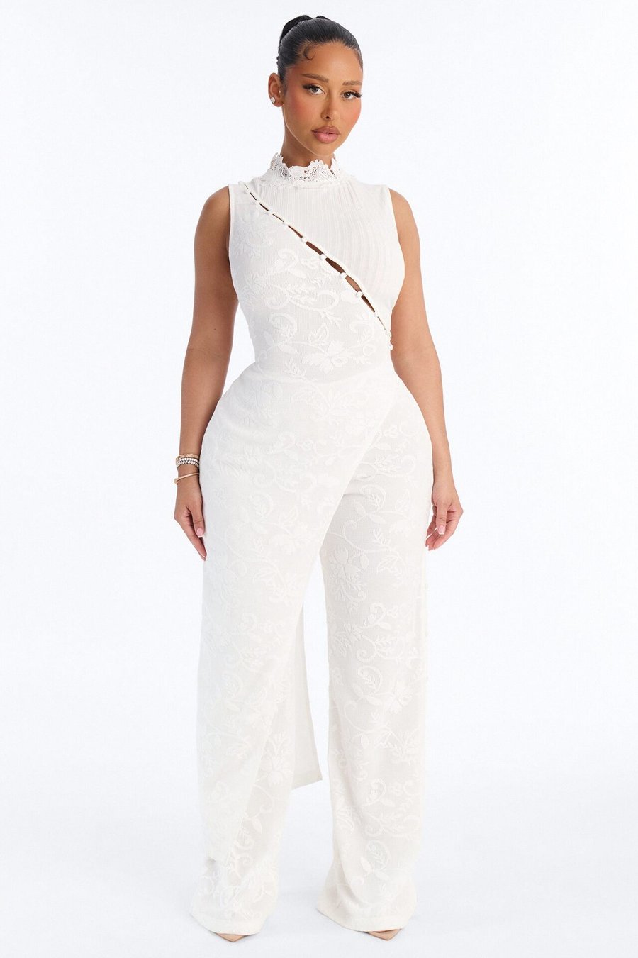 Modern Grace Sleeveless Lace Pant Set - White