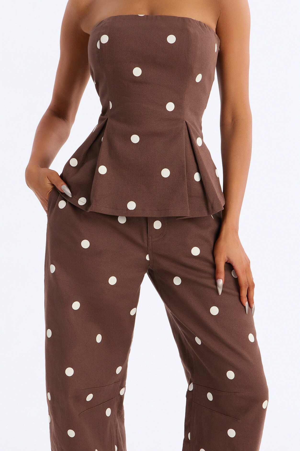 Sabrina Polka Dot Twill Pant Set - Brown/combo