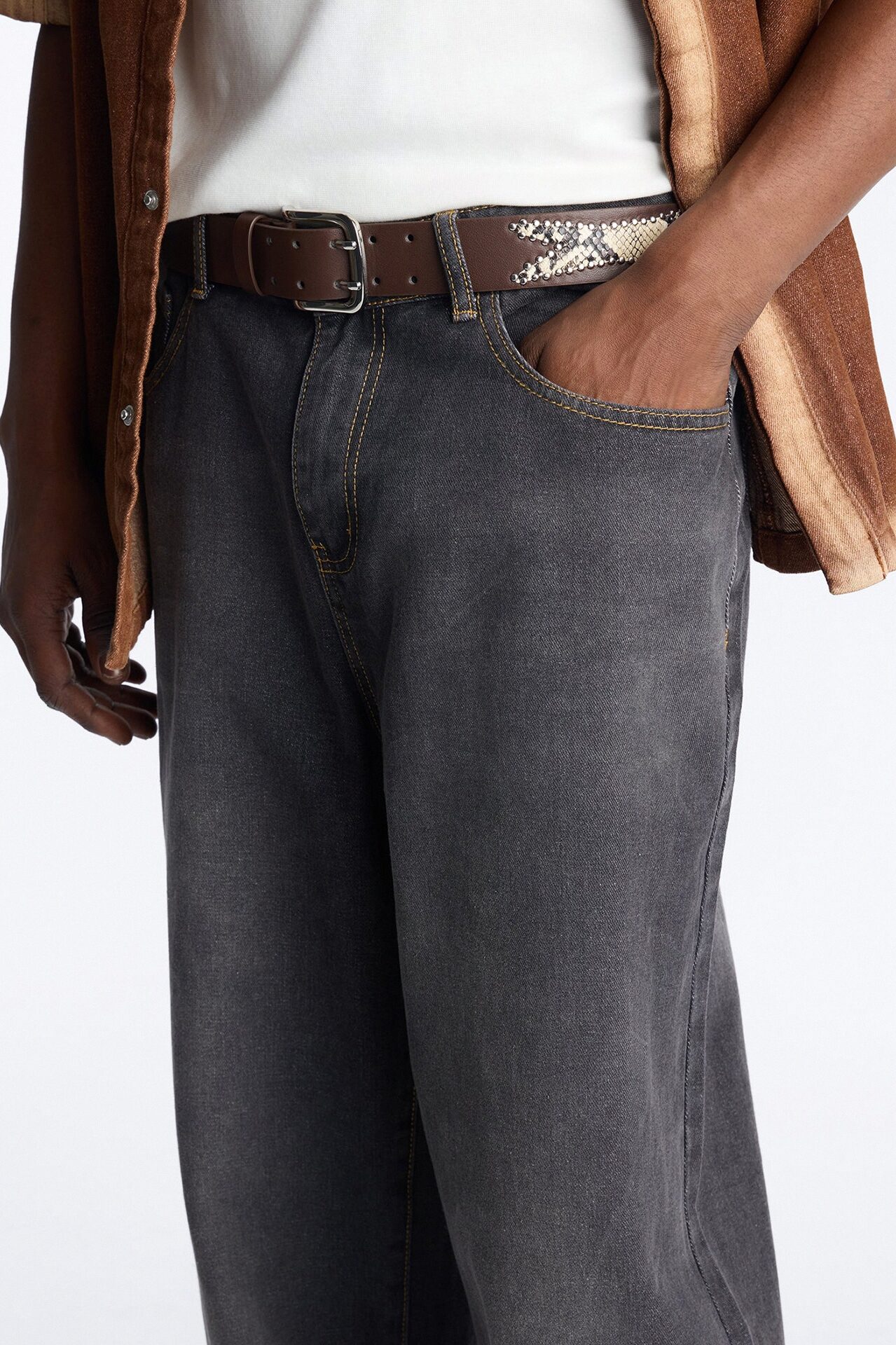 Faux Leather Contrast Cut Out Studded Buckle Belt - Brown