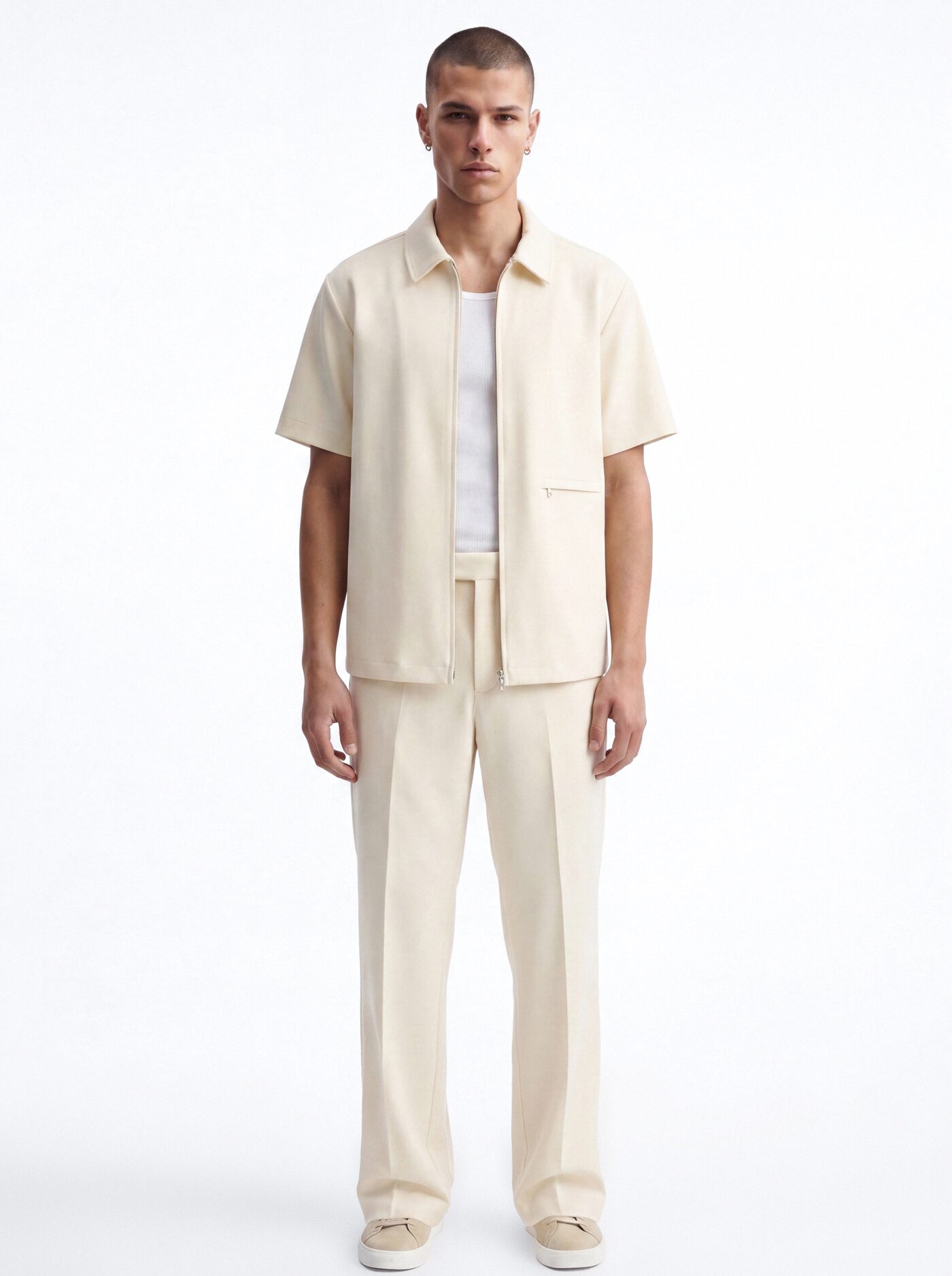 Modern Essential Short Sleeve Zip Collar Shirt - Beige