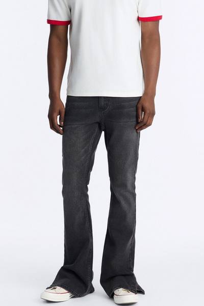 Upstanding Slit Stacked Skinny Flare Jean - Black Wash
