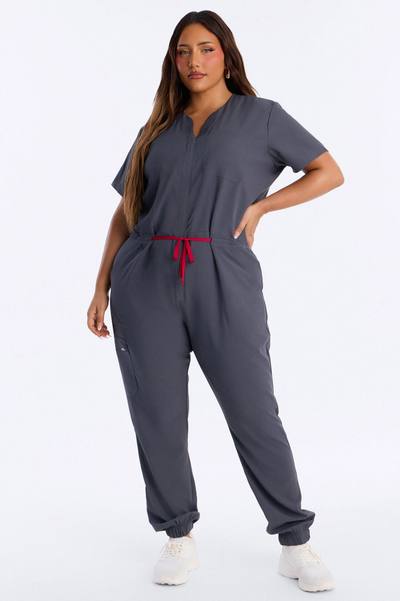 Prime Care Belted Uniform Scrub Jumpsuit - Charcoal
