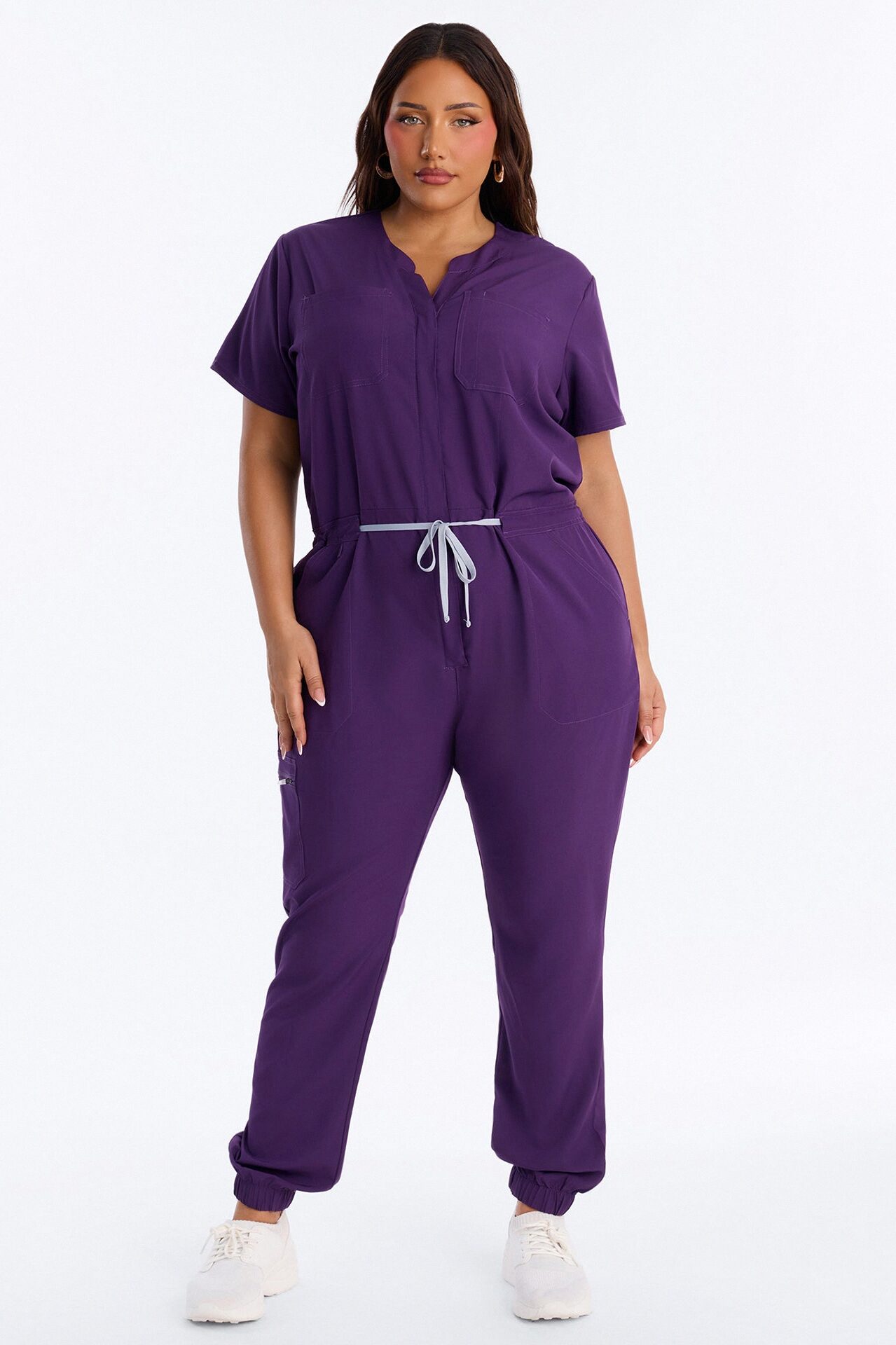 Prime Care Belted Uniform Scrub Jumpsuit - Eggplant