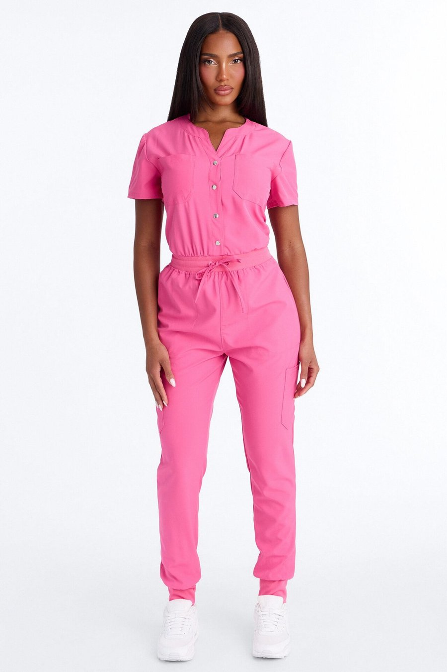 In Unison Uniform Jogger Scrub Jumpsuit With Snaps - Pink