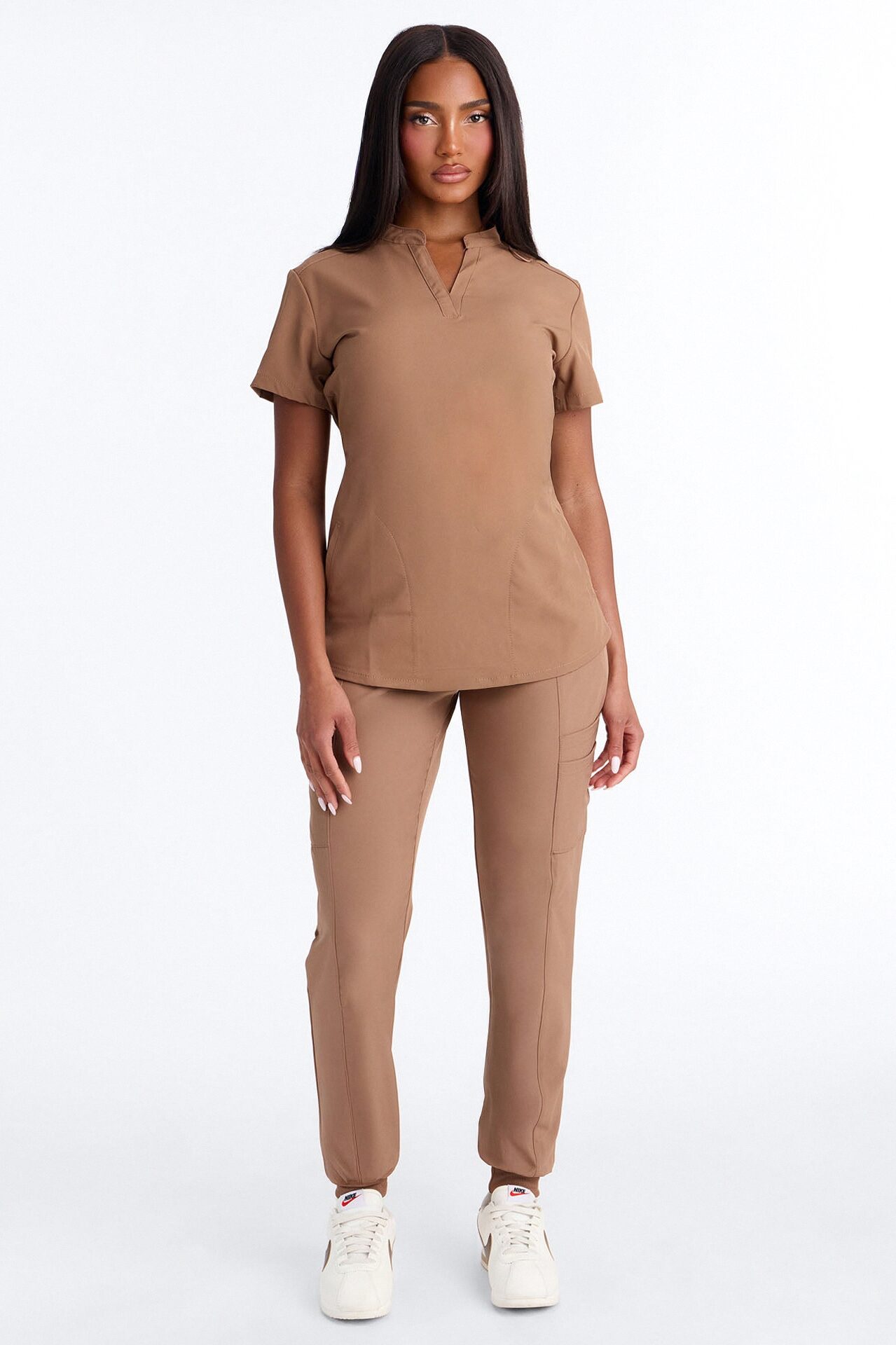 Calm Energy Reflective Piping Uniform Scrub Top - Mocha