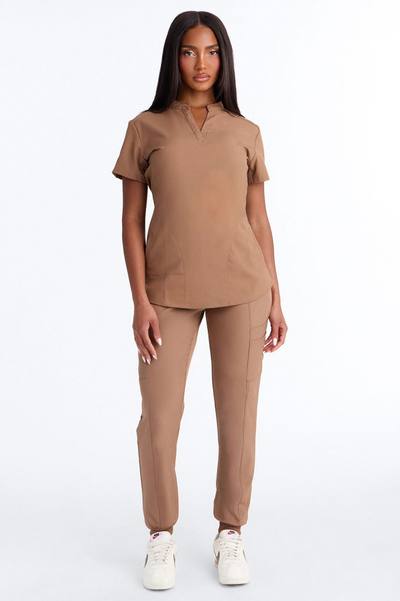 Calm Energy Reflective Piping Uniform Scrub Top - Mocha