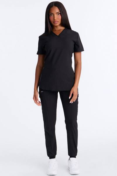 Smooth Form Reflective Piping Uniform Scrub Top - Black