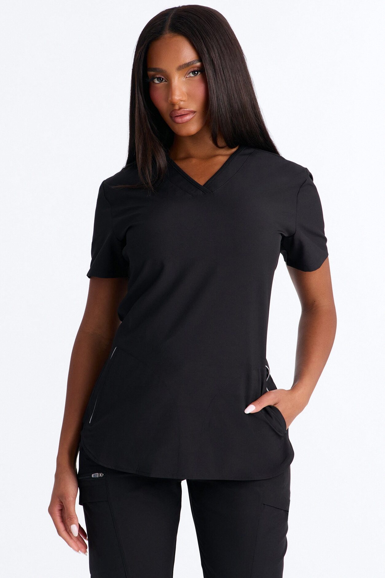 Smooth Form Reflective Piping Uniform Scrub Top - Black