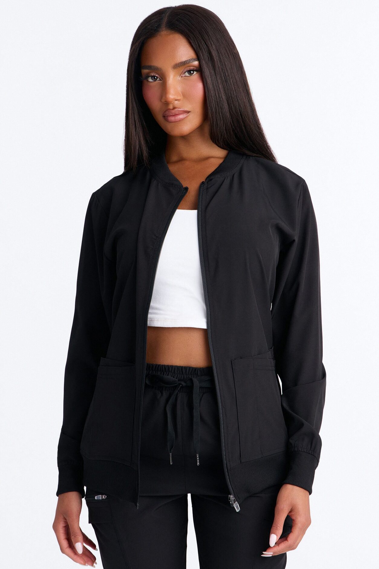 Warm Me Up 4 Way Stretch Zip Up Bomber Scrub Jacket - Black