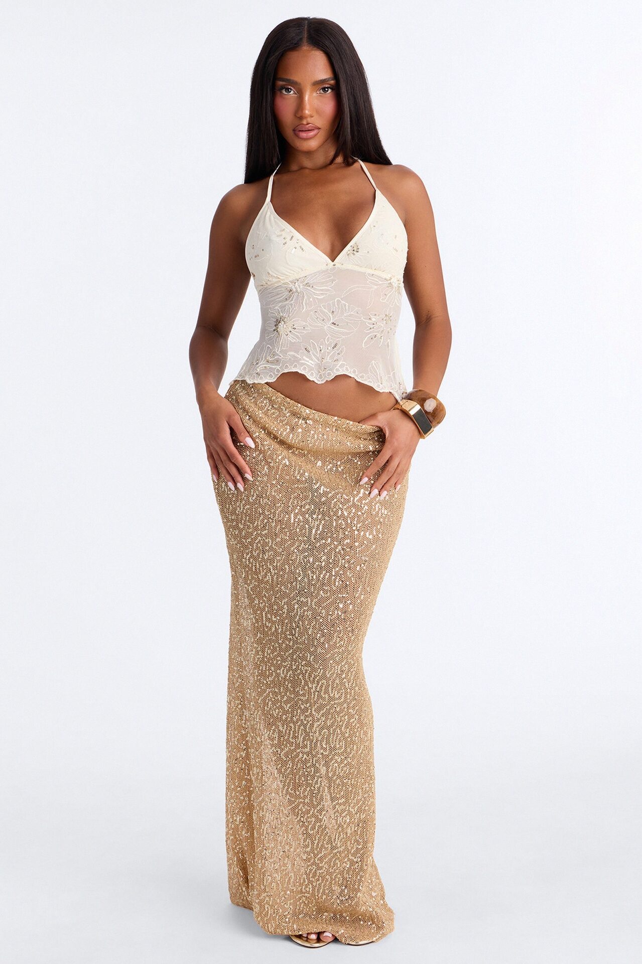 Valerie Floral Mesh Halter Top - Ivory