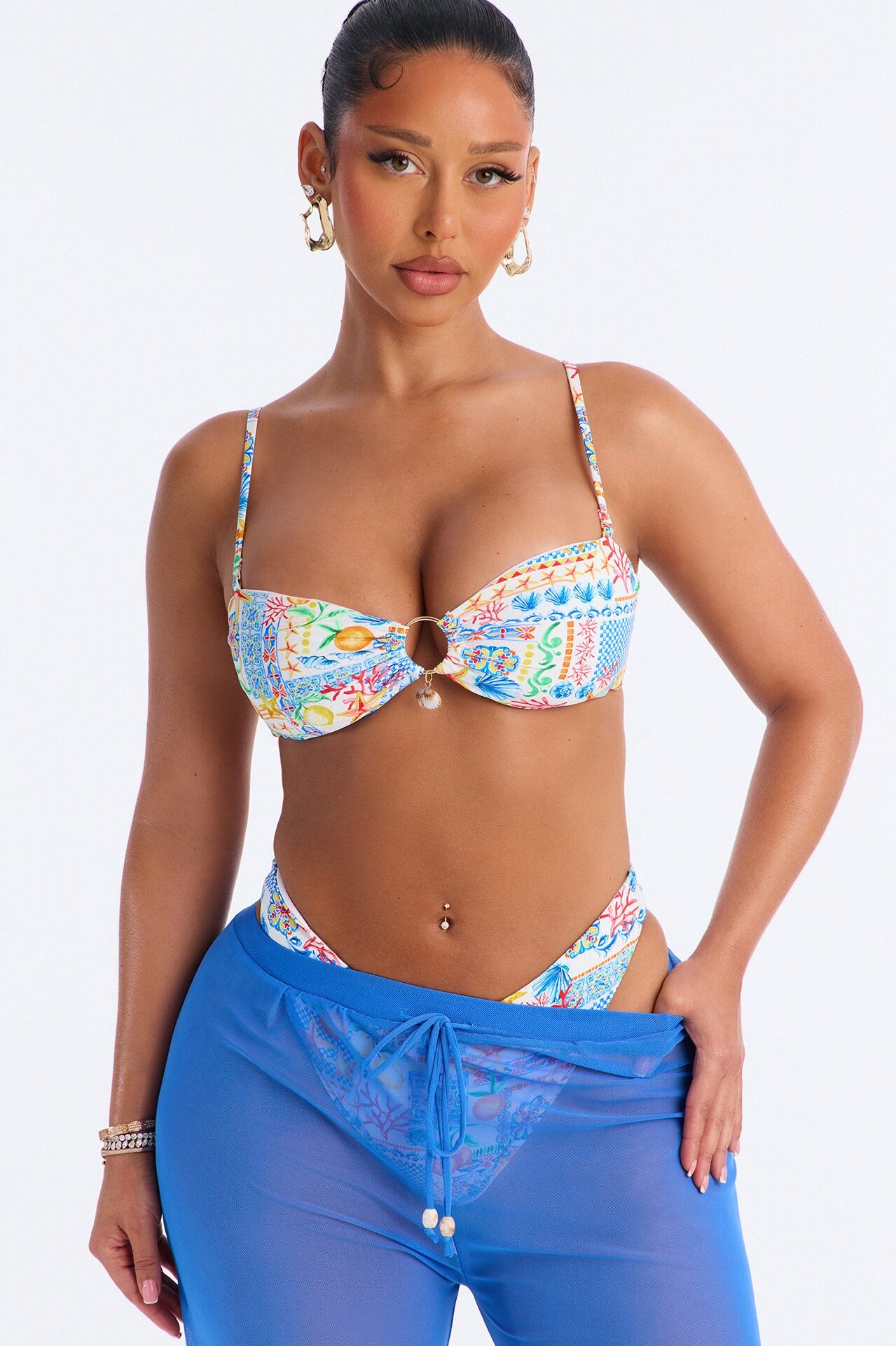 Summer Of Gardens 3 Piece Bandeau Bikini & Mesh Cover Up Pant Sunsuit - Blue/combo