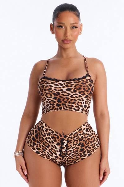 Tempt Me Leopard Bralette Booty Short 2 Piece Set - Leopard