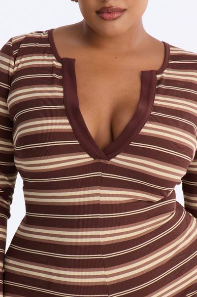 Heather Ribbed Long Sleeve Romper - Chocolate