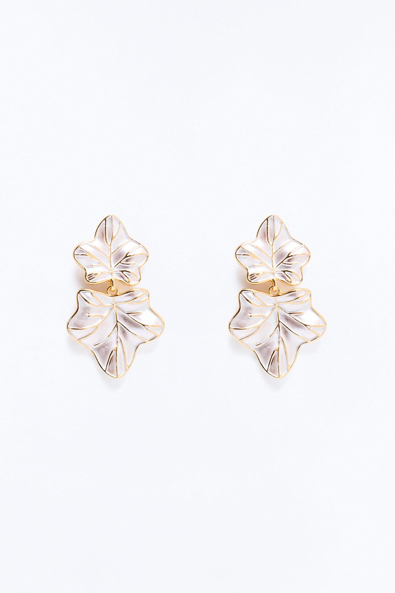 Whispering Leaf Drop Earrings - White/Gold