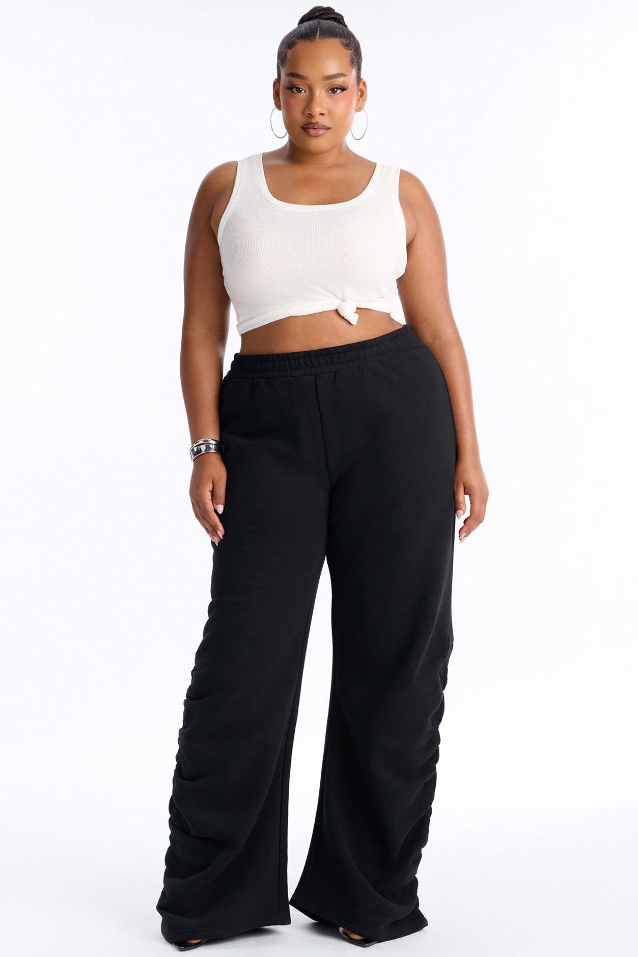 Meghan Ruched Leg Fleece Lounge Pant - Black