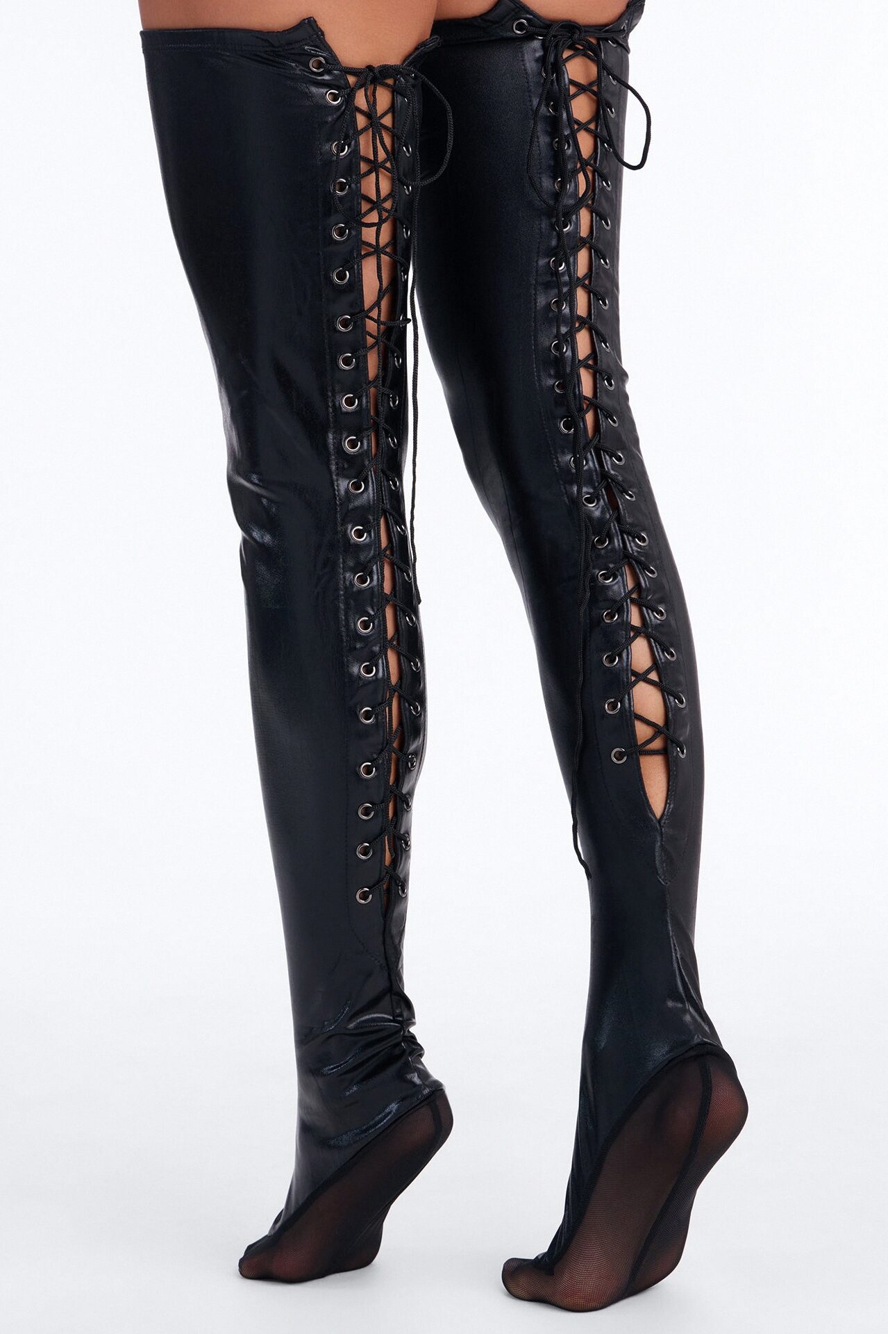 Wet To Wild Lace Up Thigh High Stockings - Black
