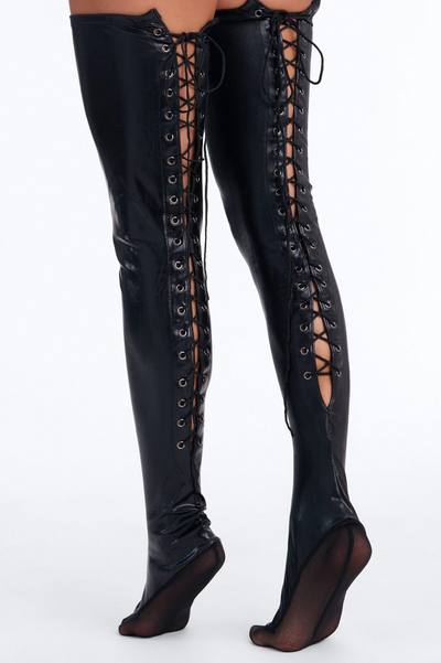 Wet To Wild Lace Up Thigh High Stockings - Black
