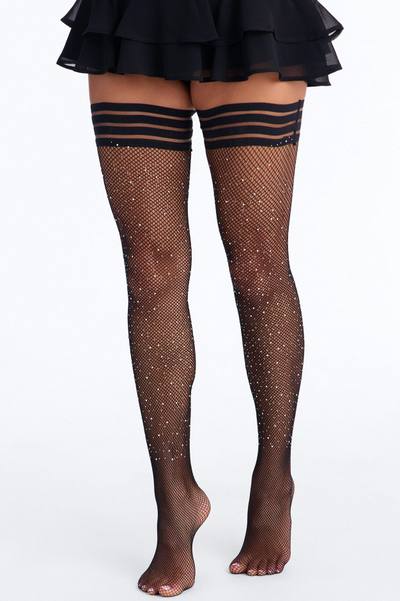Larina Rhinestone Embellished Fishnet Stockings - Black