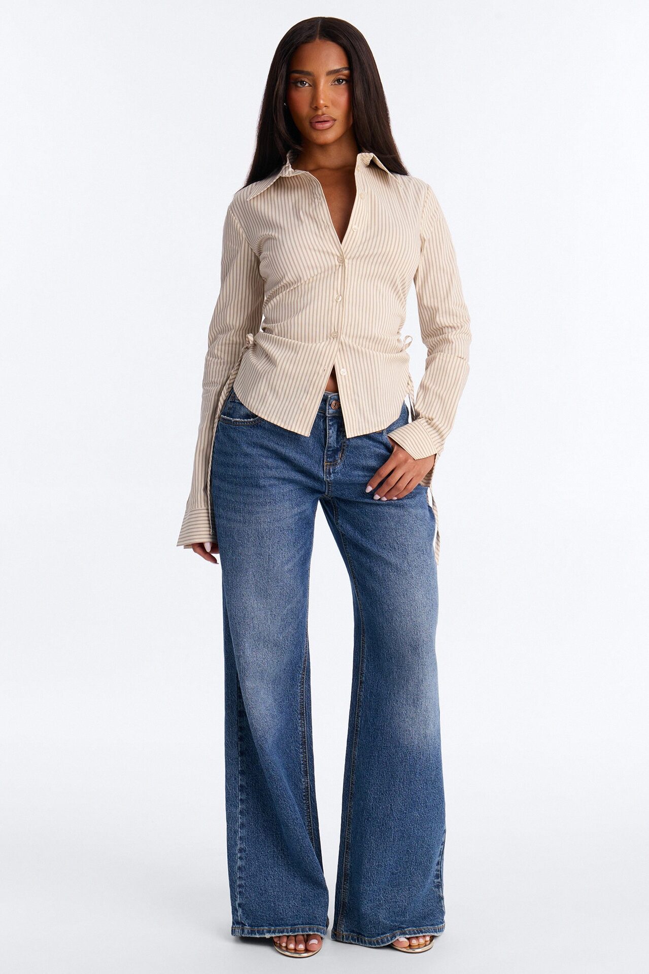Khrissy Ruched Pinstripe Poplin Shirt - Taupe/combo