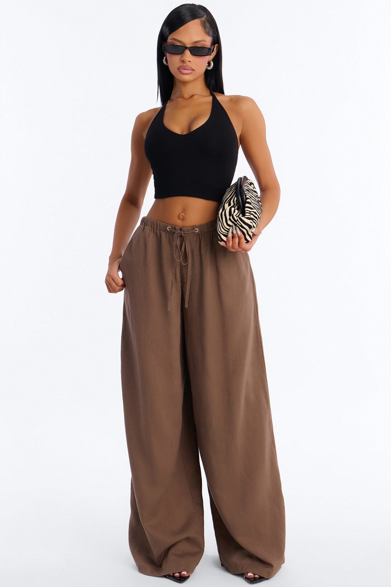 Heat Wave Linen Wide Leg Drawstring Pant - Caffe