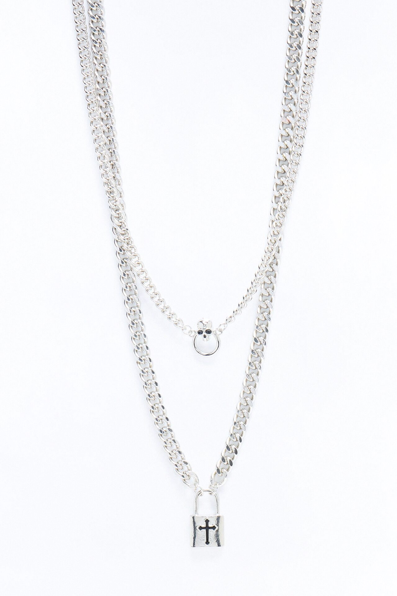 Lock Onto Faith Padlock Skull Necklace Set - Silver