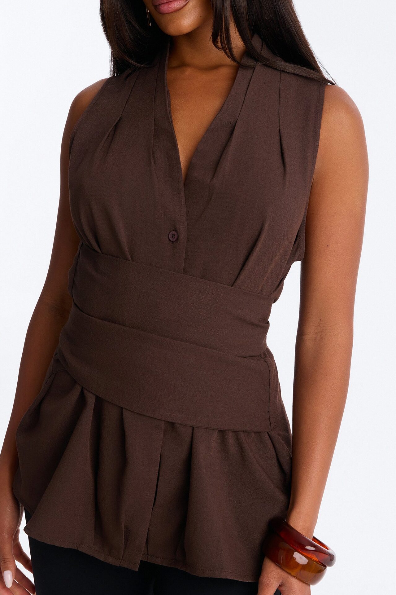 Naya Waist Wrap Blouse Shirt - Brown