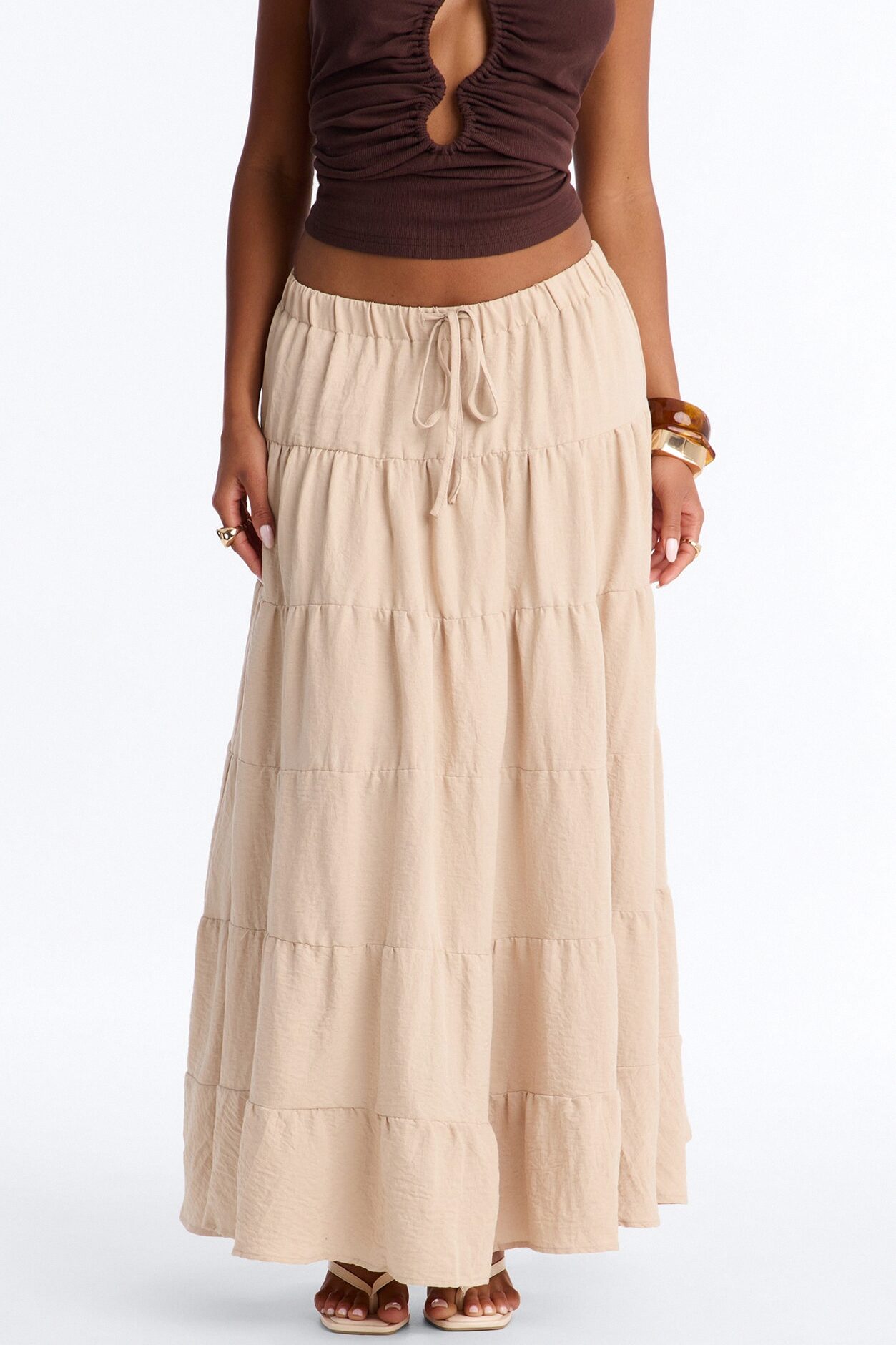 Aza Low Rise Tiered Maxi Skirt - Taupe
