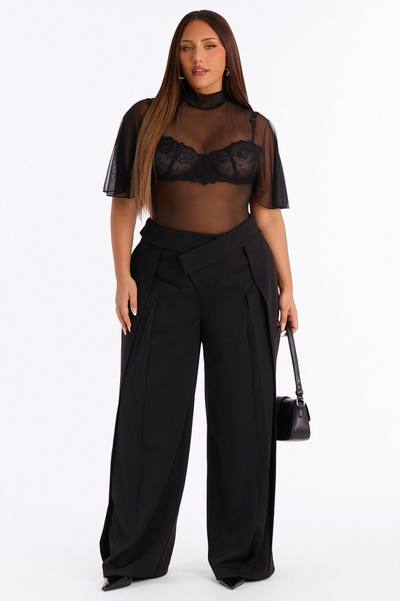 Natalie Mesh Mock Neck Ruffle Sleeve Bodysuit - Black