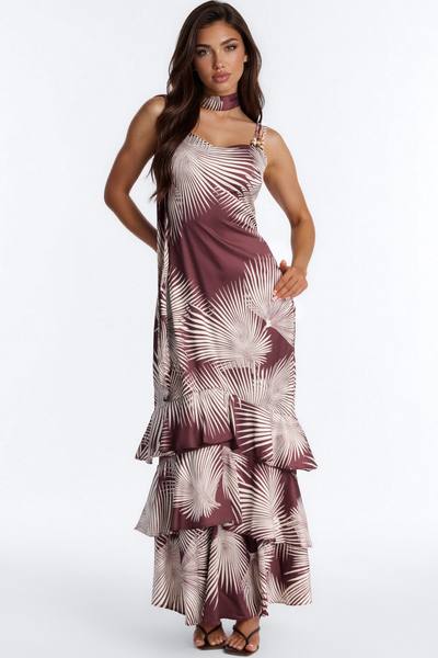 Lila Satin Tiered Maxi Dress - Brown/combo