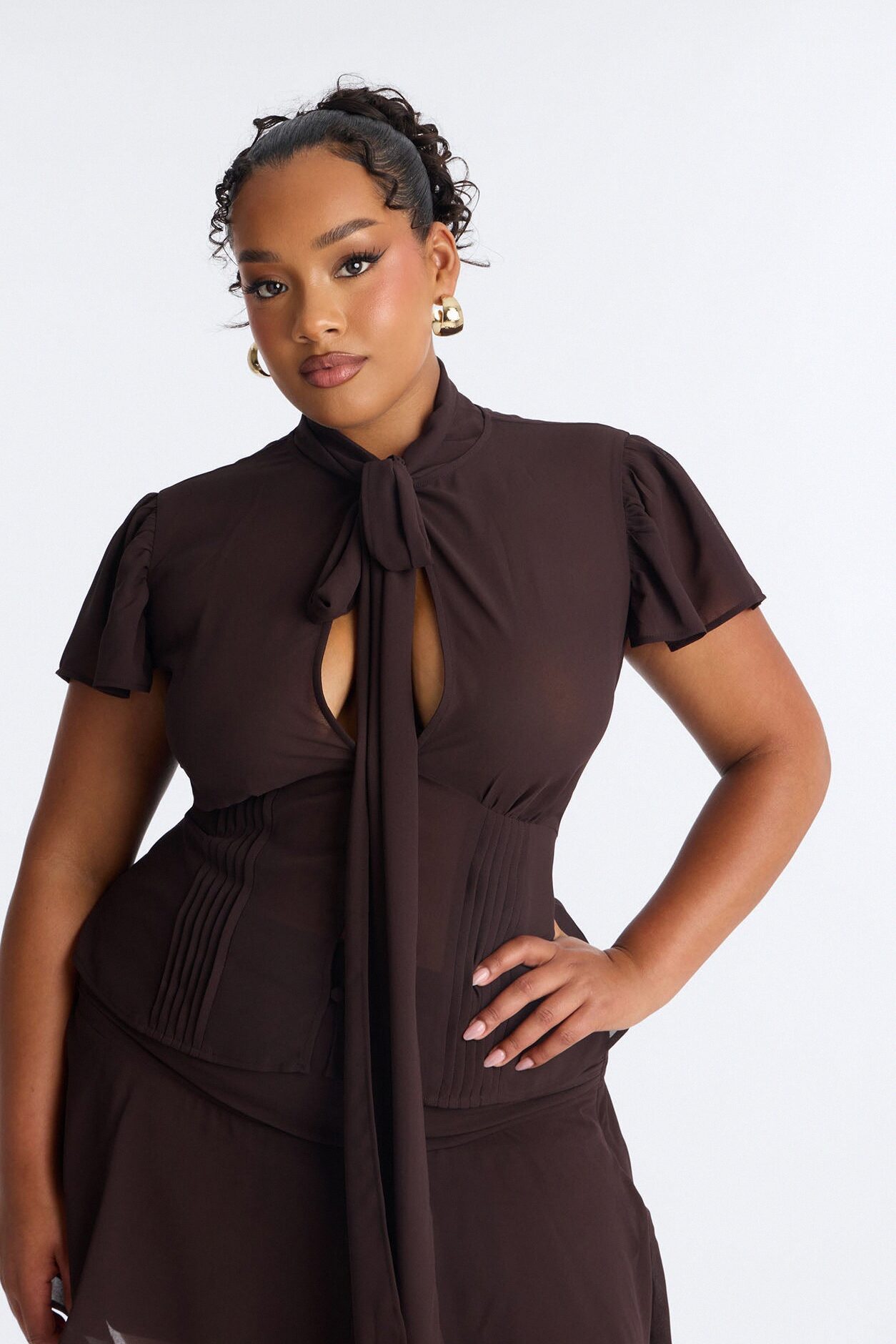 Remi Chiffon Neck Tie Blouse - Chocolate