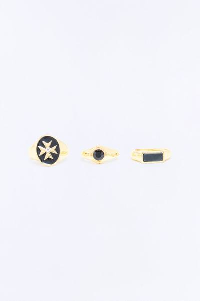 Obsidian Night Cross Ring Set - Gold