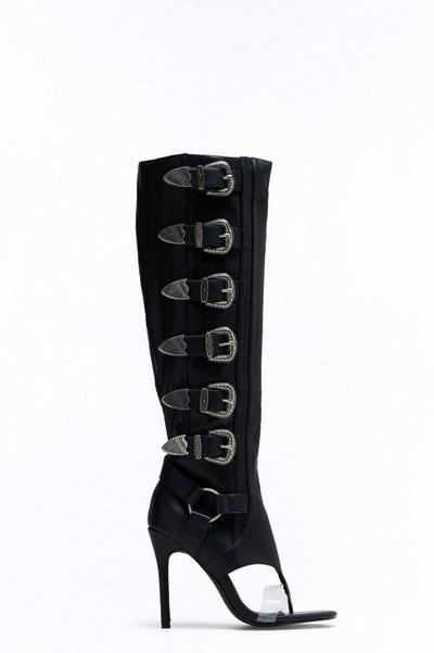 Elarah Buckle Knee High Thong Boots - Black