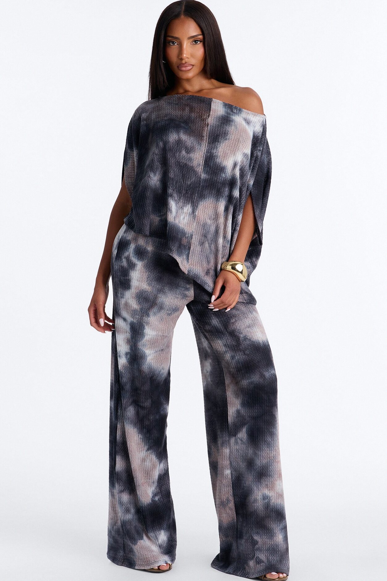 Riley Tie Dye Waffle Pant Set - Grey/combo