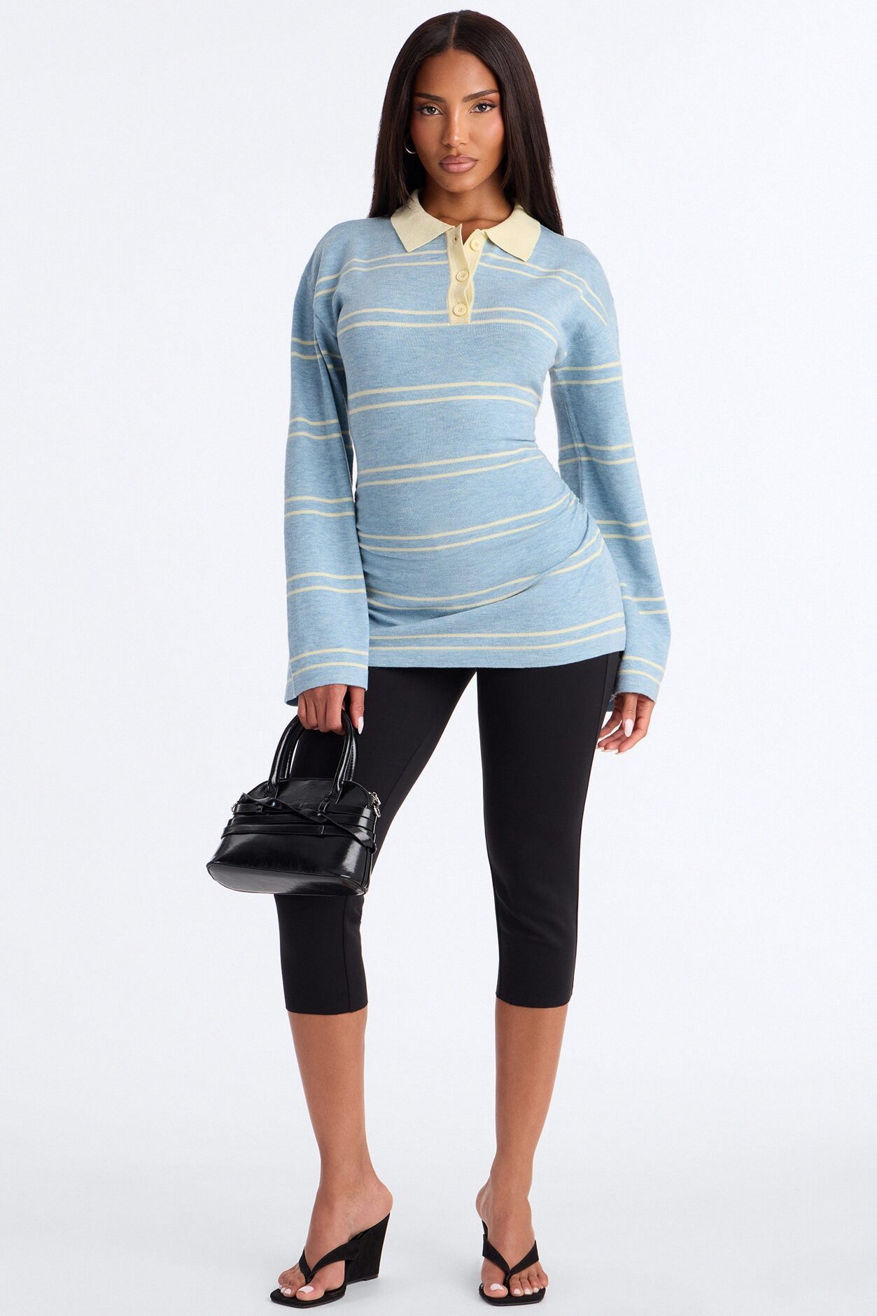 Snuggle Season Striped Polo Sweater - Light Blue