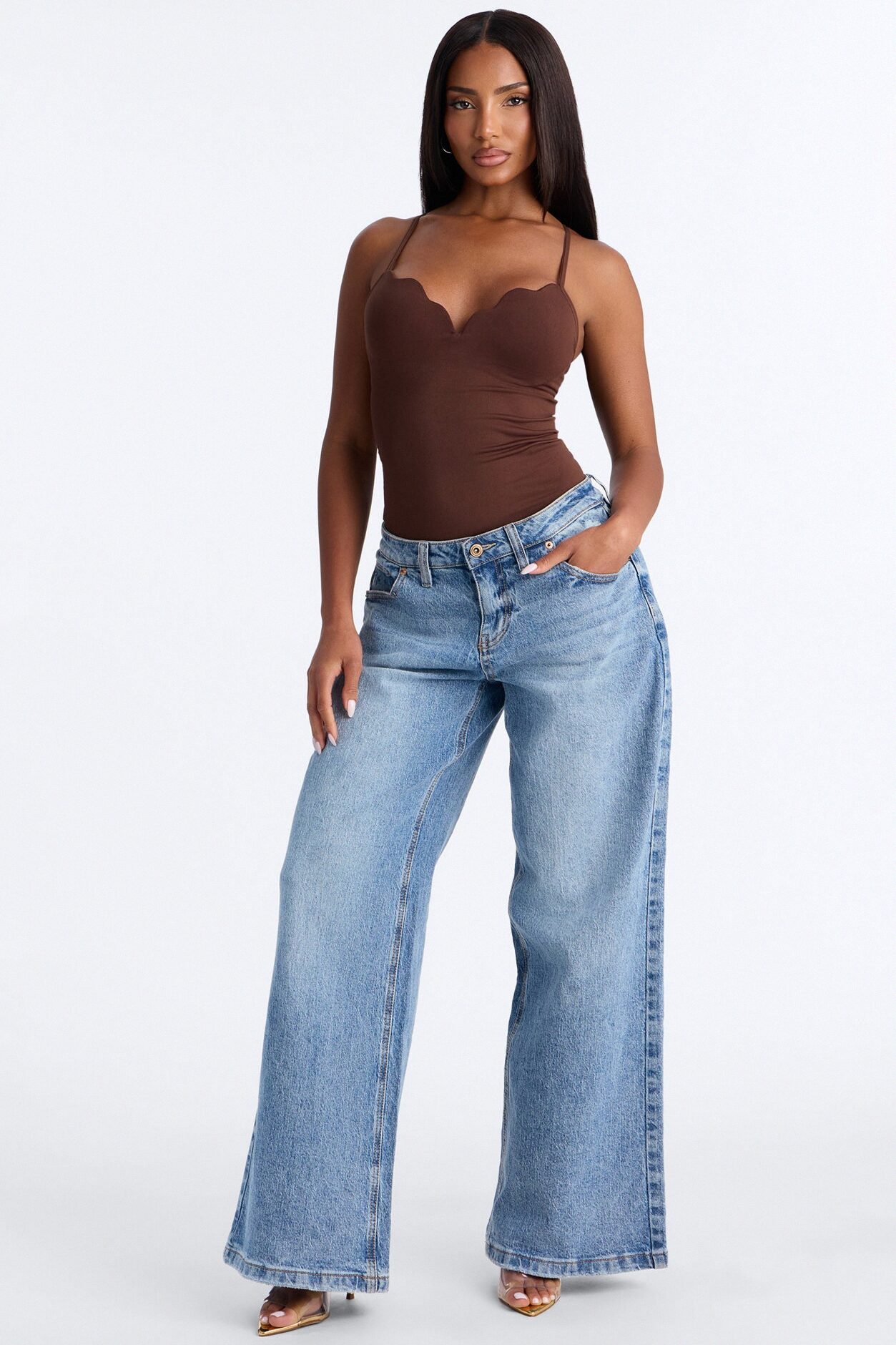 Sydney Padded Scallop Neck Seamless Bodysuit - Brown