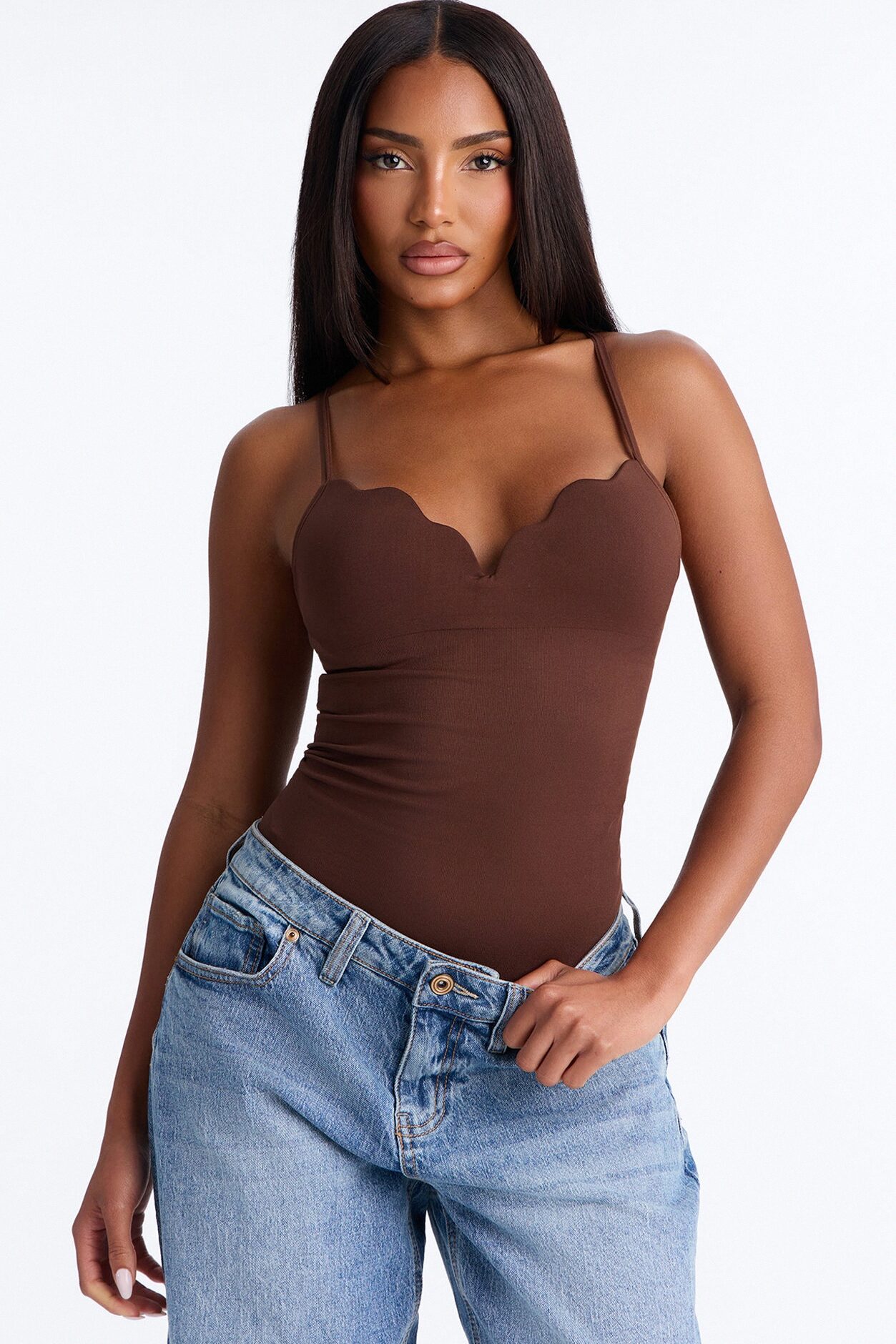 Sydney Padded Scallop Neck Seamless Bodysuit - Brown