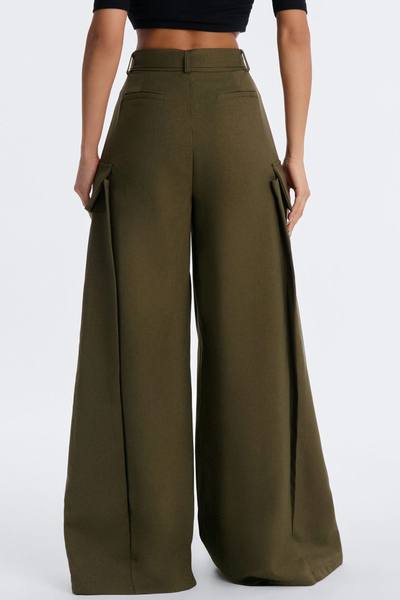 Caroline High Waisted Belted Cargo Wide Leg Trouser - Olive