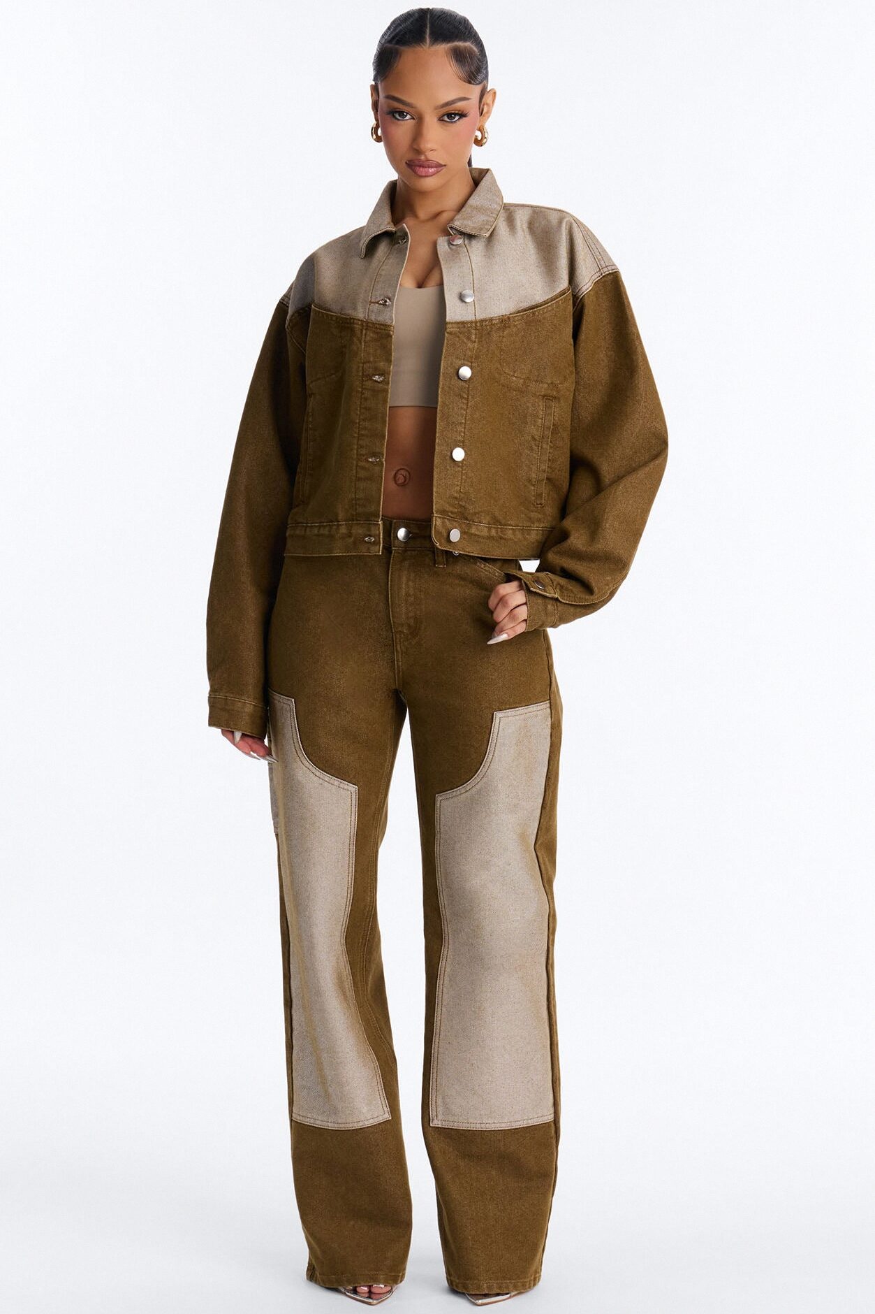 The Cold Shoulder Shiny Denim Jacket - Brown