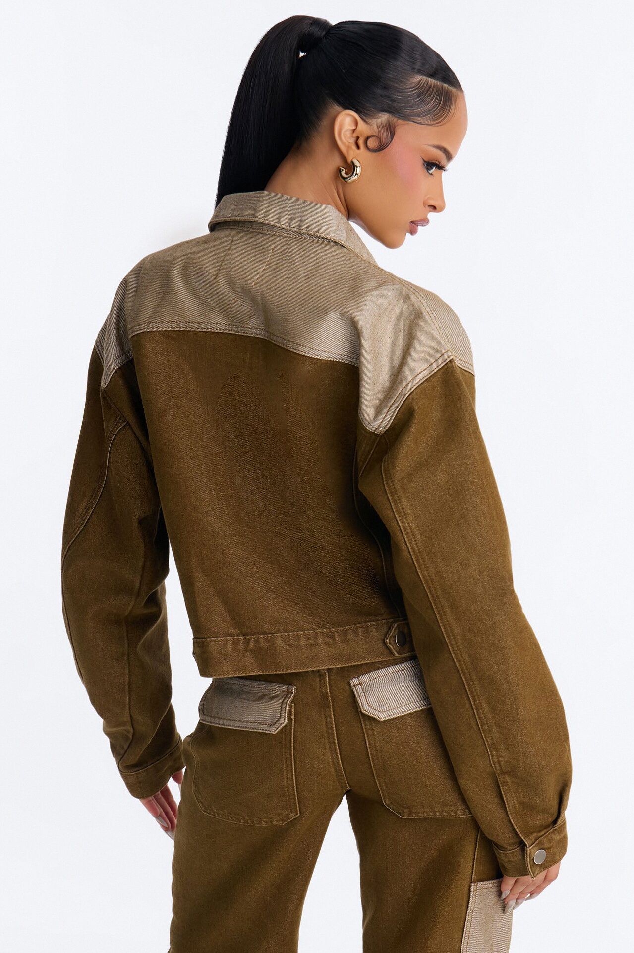 The Cold Shoulder Shiny Denim Jacket - Brown