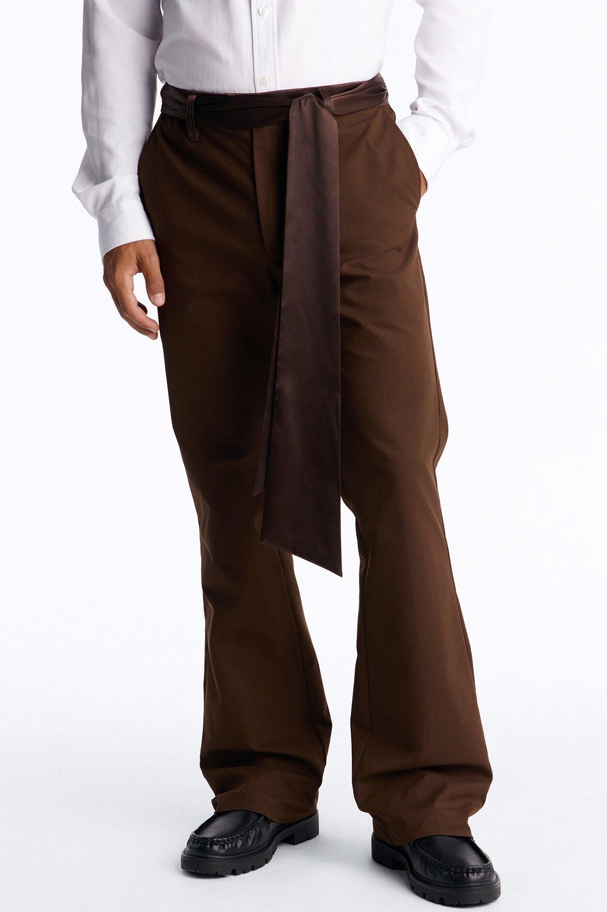 Satin Wrapped Waistband Straight Flare Trouser - Brown