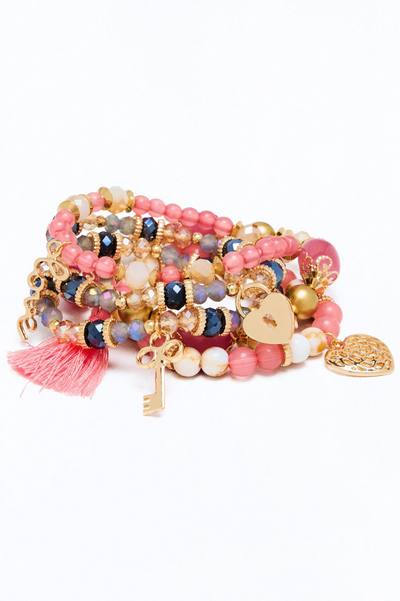 Keep Me Safe Charm 5 Piece Bracelet Set - Pink