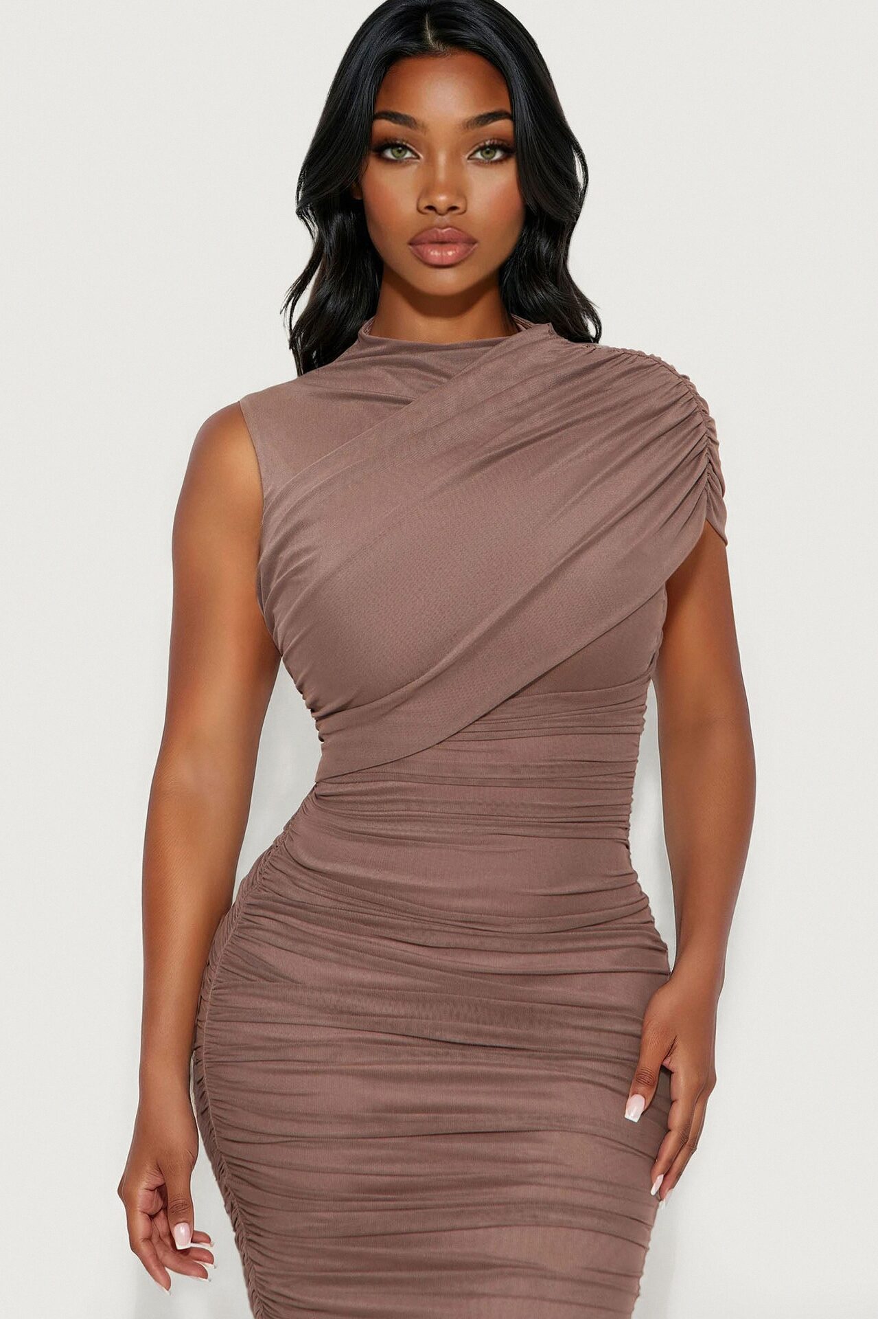 Diya Draped Mesh Midi Dress - Mocha