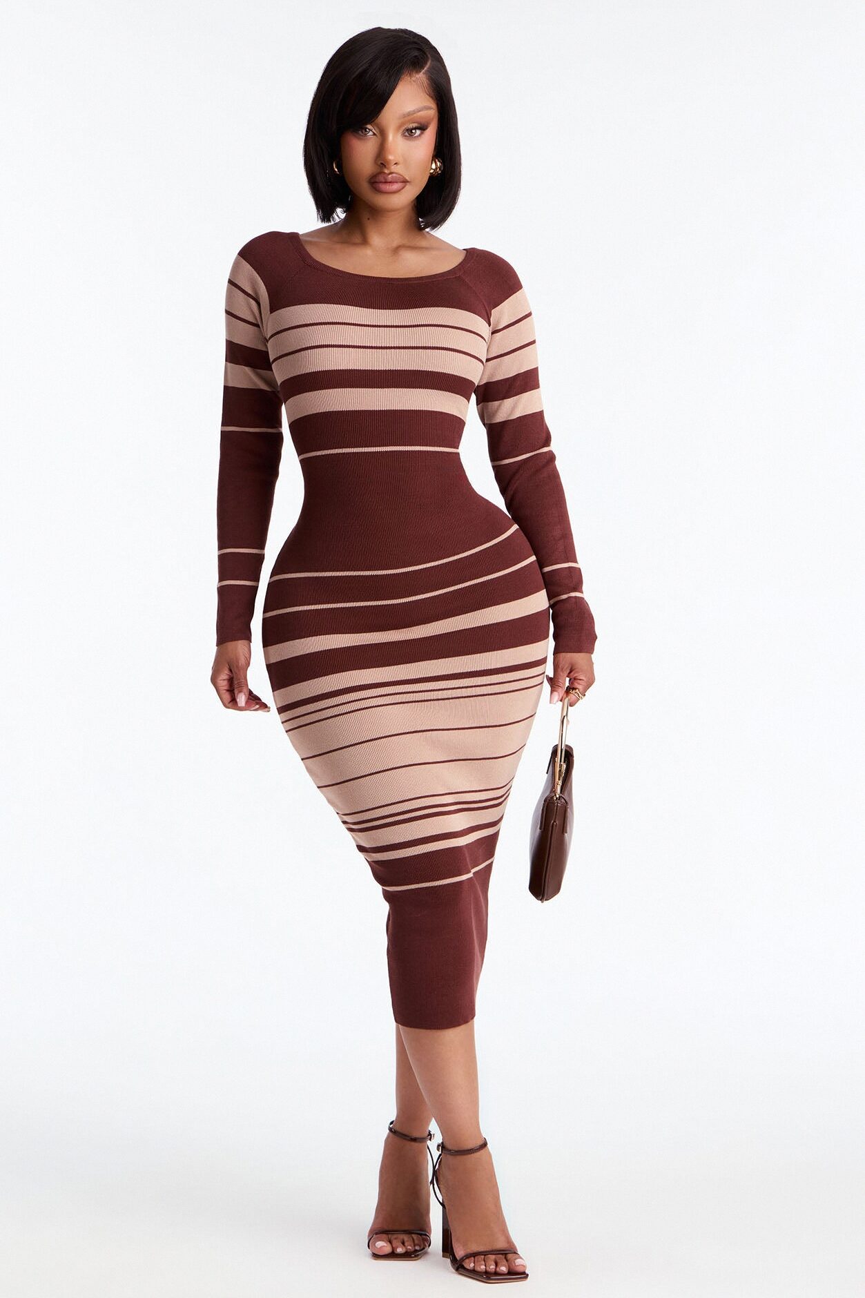 Line Me Up Striped Sweater Midi Dress - Chocolate