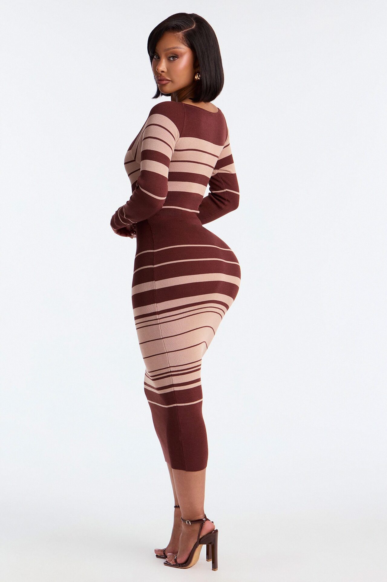 Line Me Up Striped Sweater Midi Dress - Chocolate
