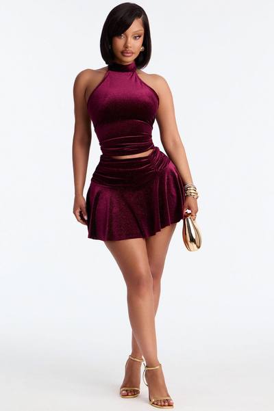 Naomi Shimmer Velvet Halter Skirt Set - Wine