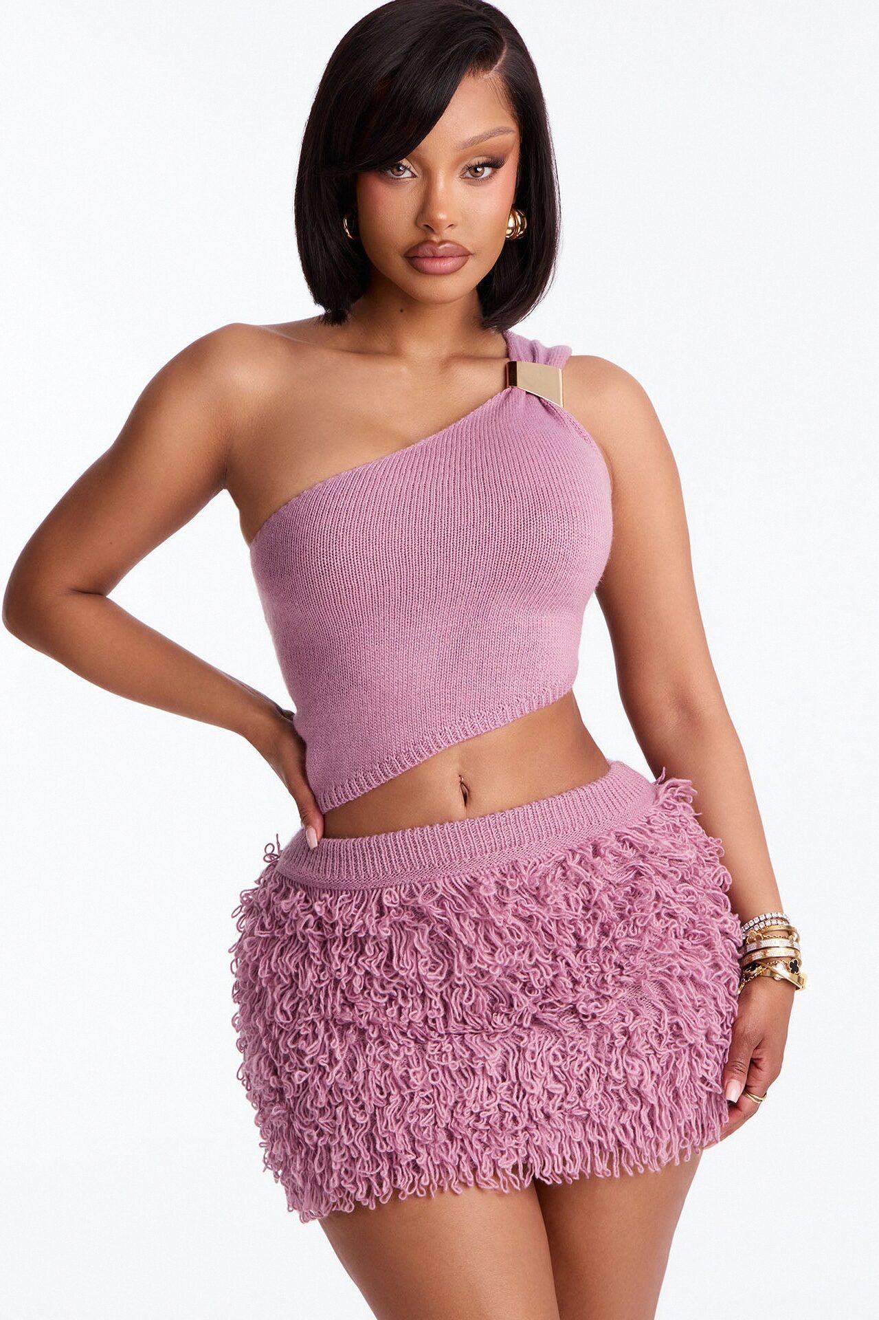 Isla Sweater One Shoulder Mini Skirt Set - Mauve