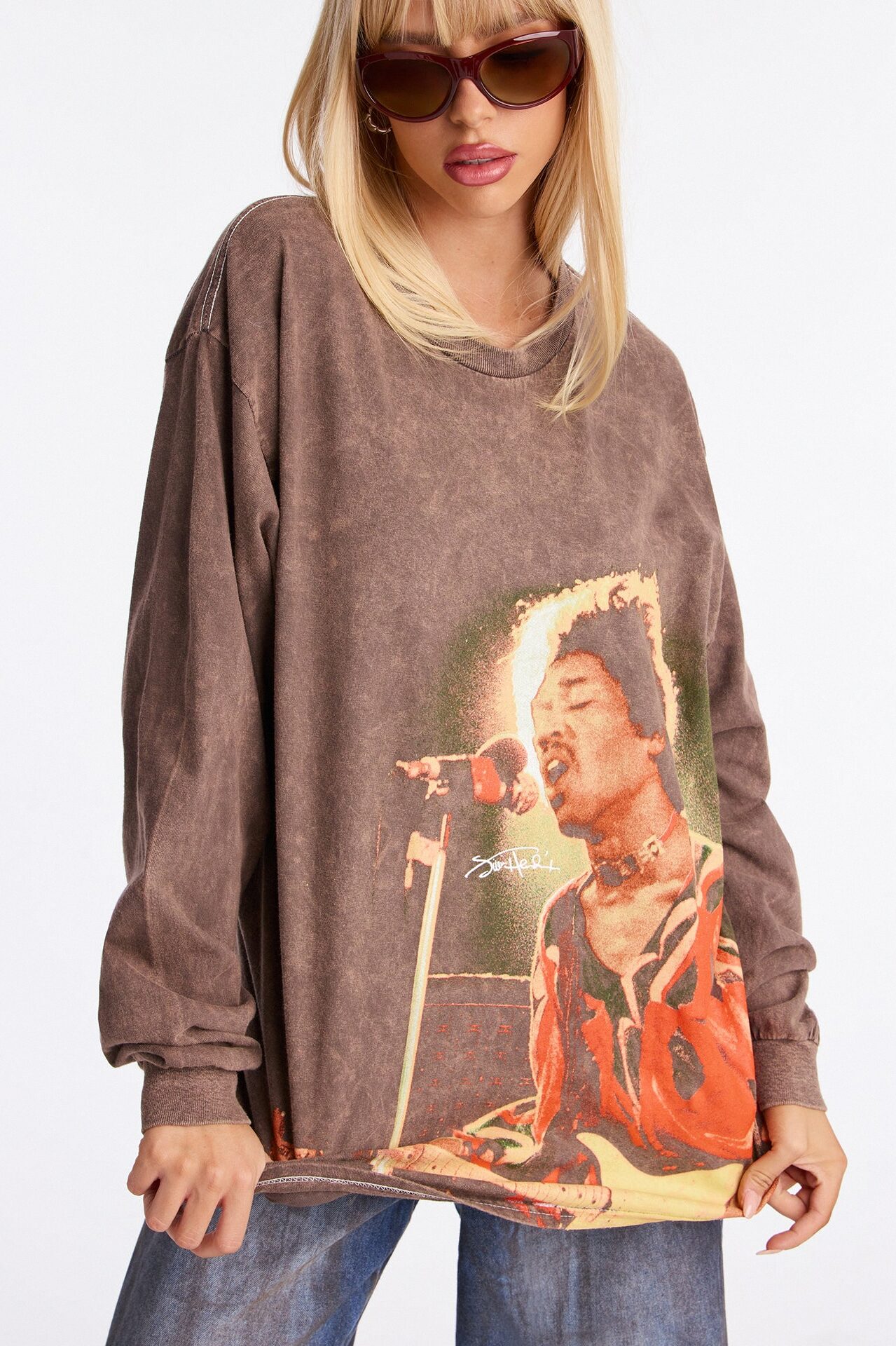 Jimi Hendrix Washed Long Sleeve Tee - Brown